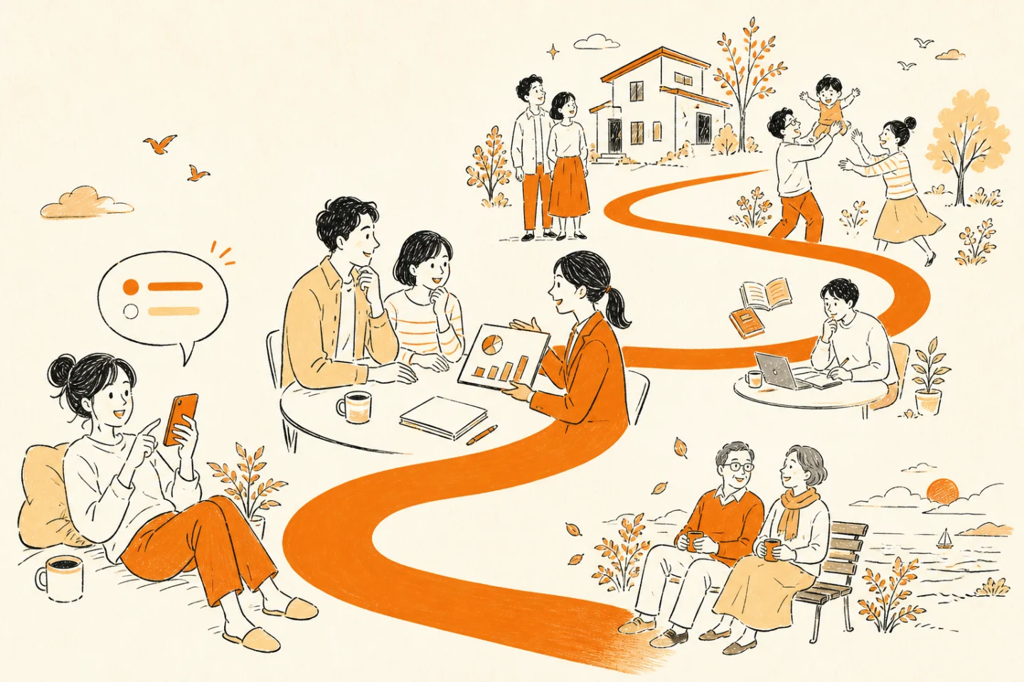 スマートフォンで近況を伝え、FPと計画を確認し、住まい・家族・学び・老後へ進む人々の手描きイラスト